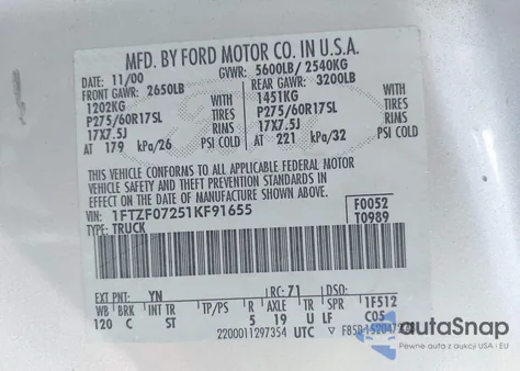 2001 Ford F-150 Xl/Xlt from USA, damaged, VIN 1FTZF07251KF91655